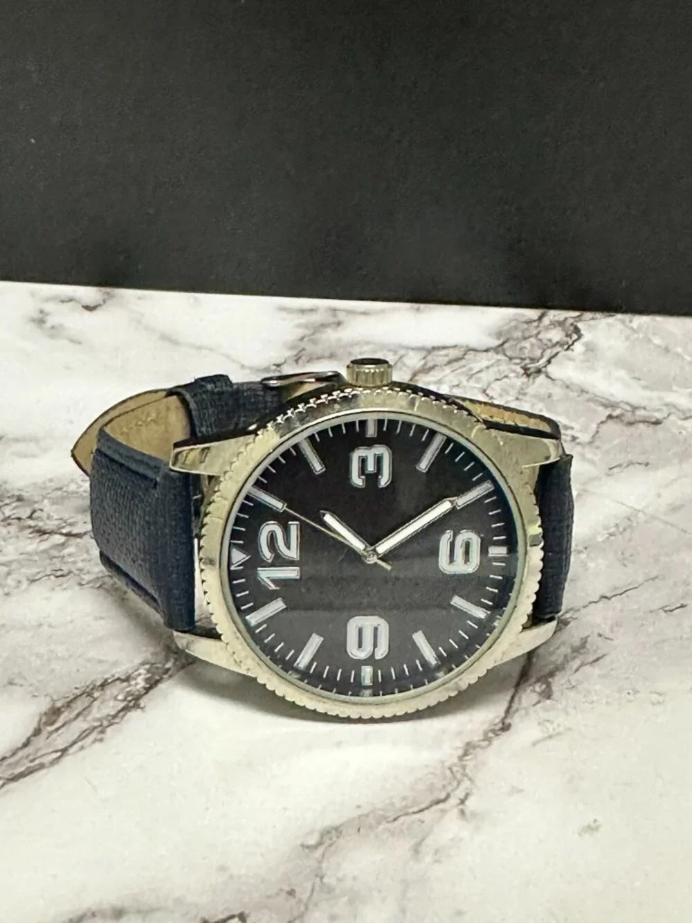3/$30 Accutime Watch Men Silver Tone Blue Faux Leather Band 40MM Round